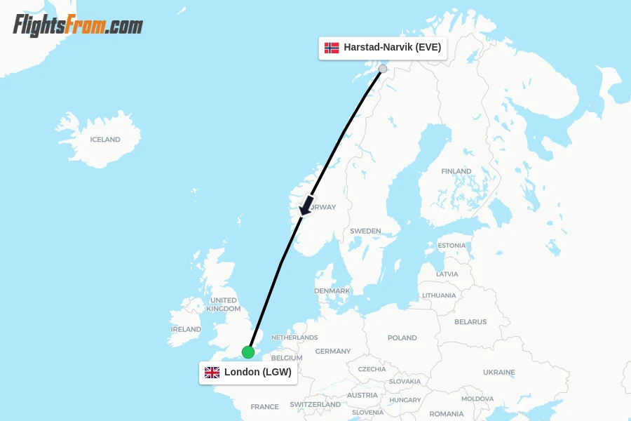 Flights from Harstad-Narvik to London route map