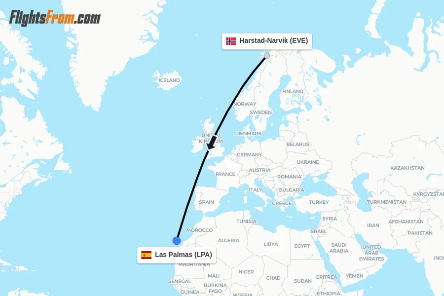 Flights from Harstad-Narvik to Las Palmas route map