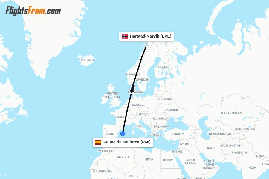 Flights from Harstad-Narvik to Palma de Mallorca route map
