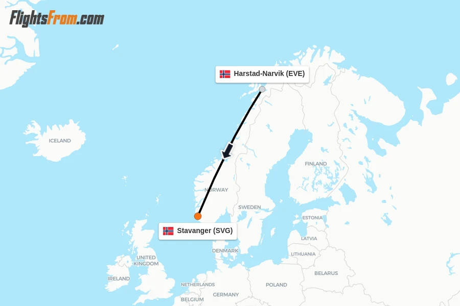 Flights from Harstad-Narvik to Stavanger route map