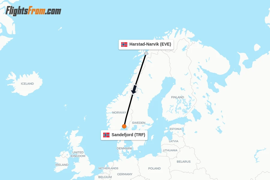 Flights from Harstad-Narvik to Sandefjord route map