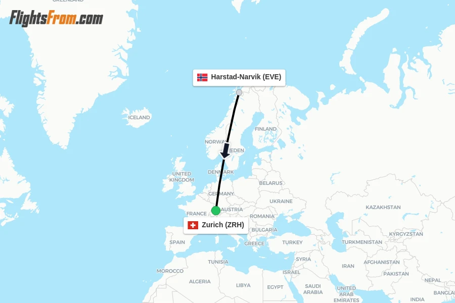 Flights from Harstad-Narvik to Zurich route map