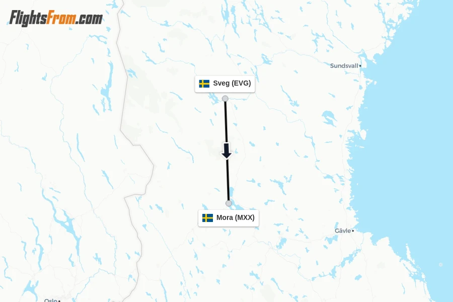 Flights from Sveg to Mora route map