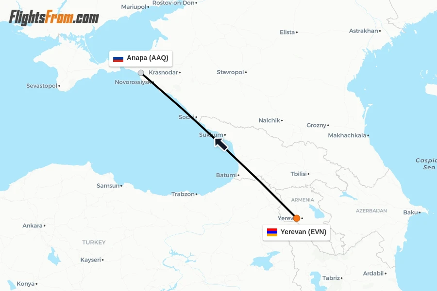 Flights from Yerevan to Anapa route map
