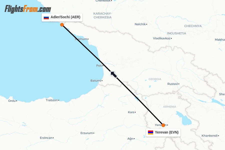 Flights from Yerevan to Adler/Sochi route map