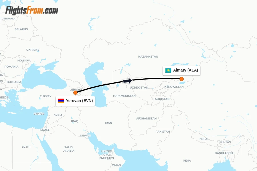 Flights from Yerevan to Almaty route map