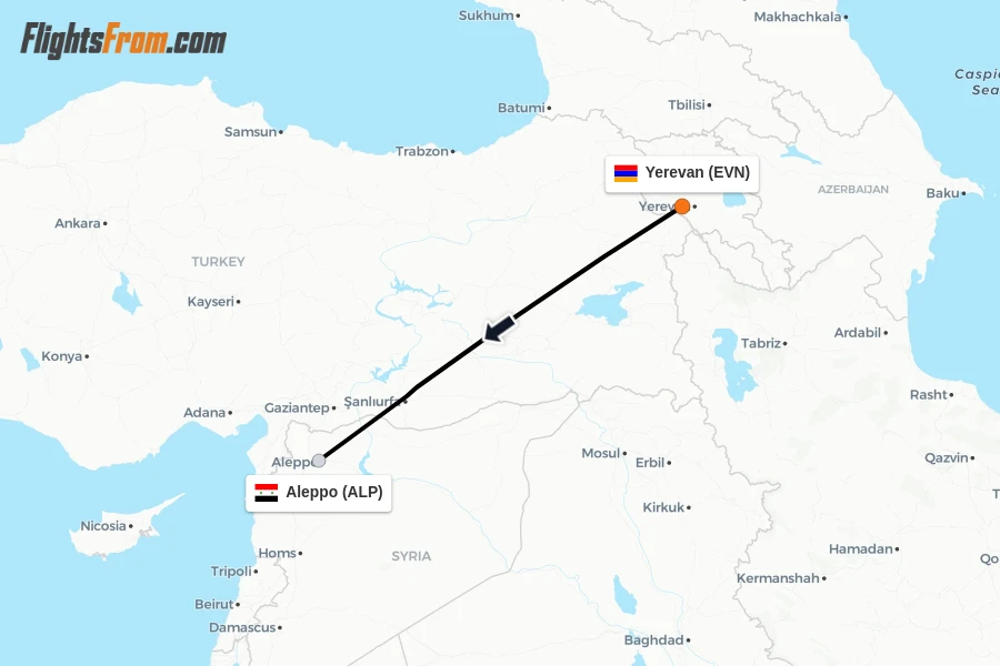 Flights from Yerevan to Aleppo route map