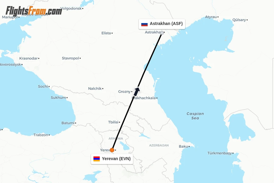 Flights from Yerevan to Astrakhan route map