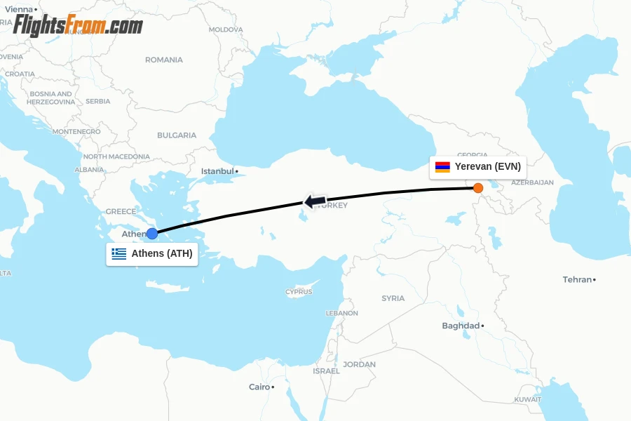 Flights from Yerevan to Athens route map