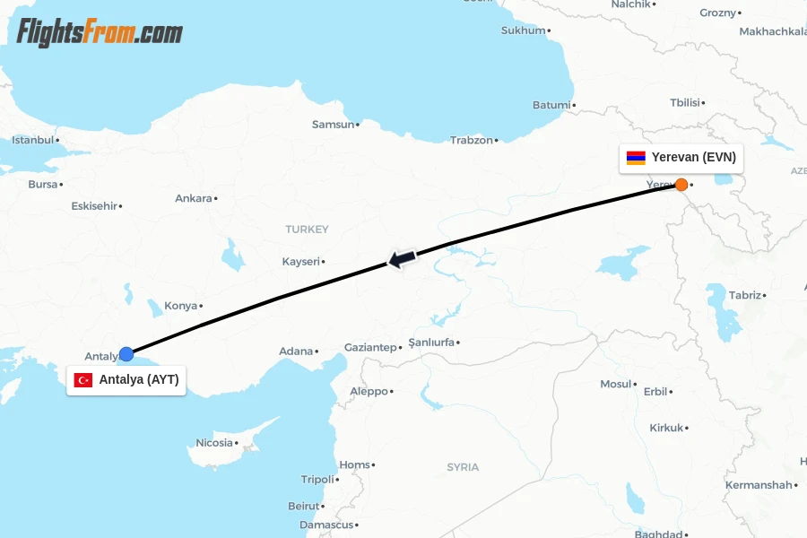 Flights from Yerevan to Antalya route map