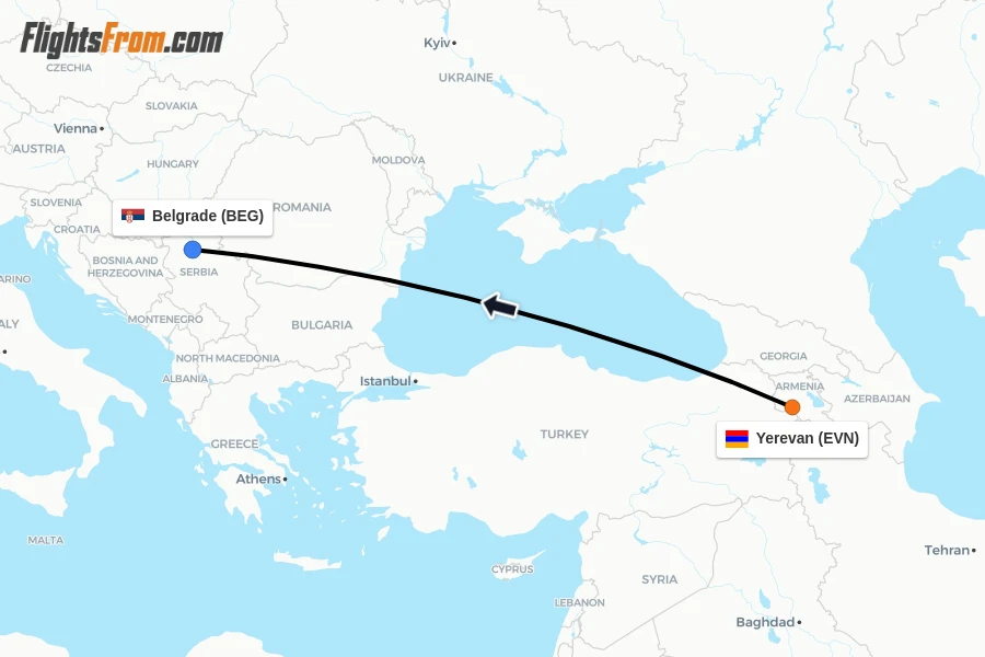 Flights from Yerevan to Belgrade route map