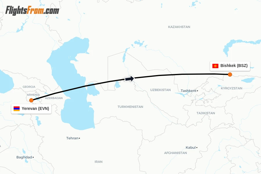 Flights from Yerevan to Bishkek route map