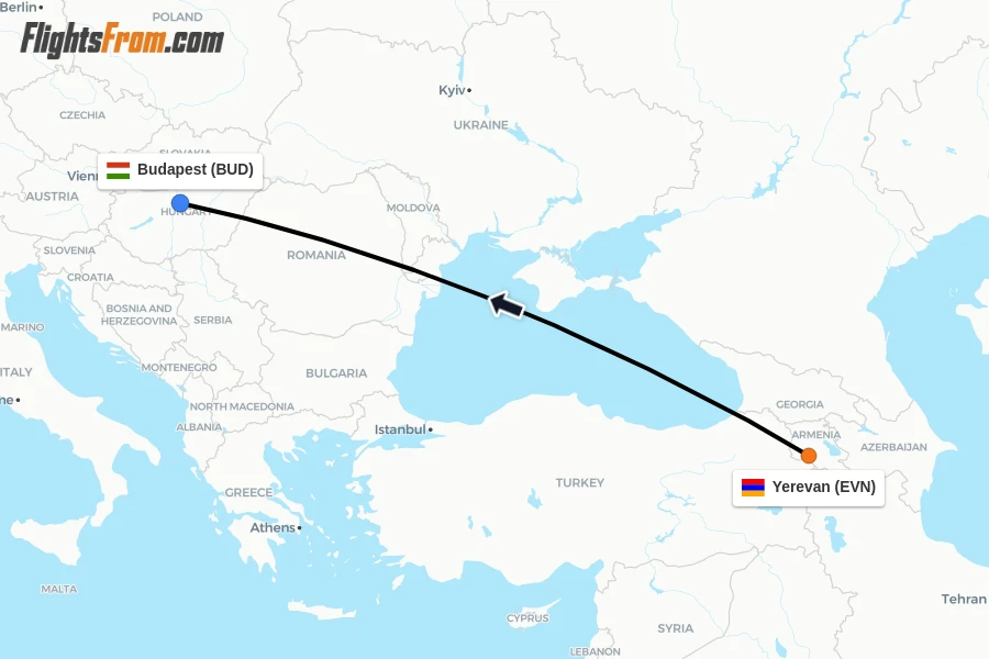 Flights from Yerevan to Budapest route map