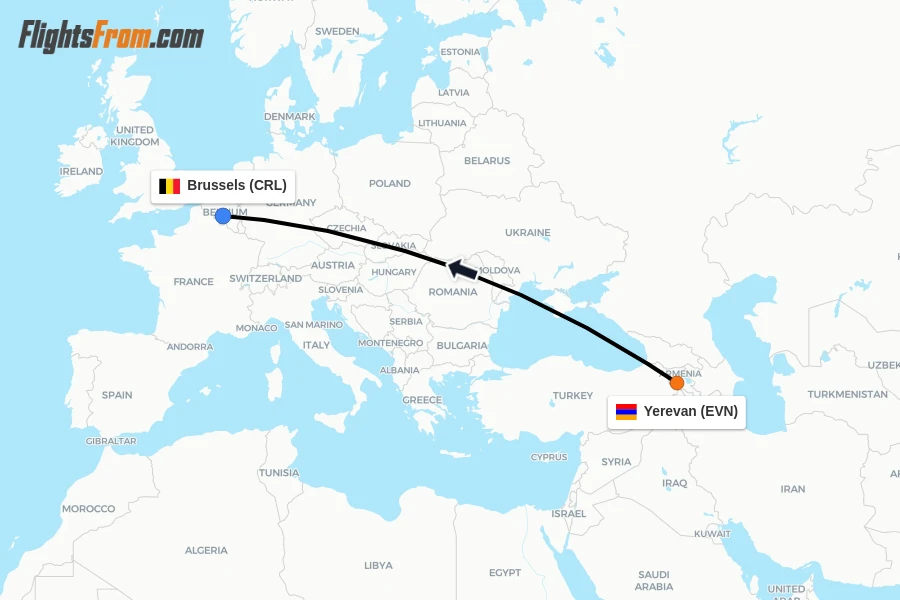 Flights from Yerevan to Brussels route map