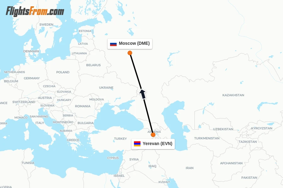 Flights from Yerevan to Moscow route map