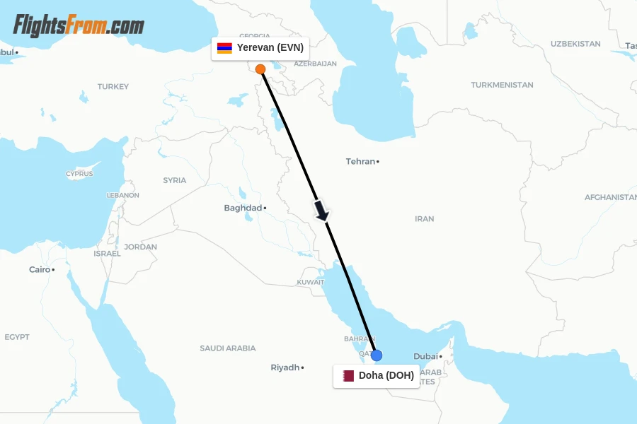 Flights from Yerevan to Doha route map