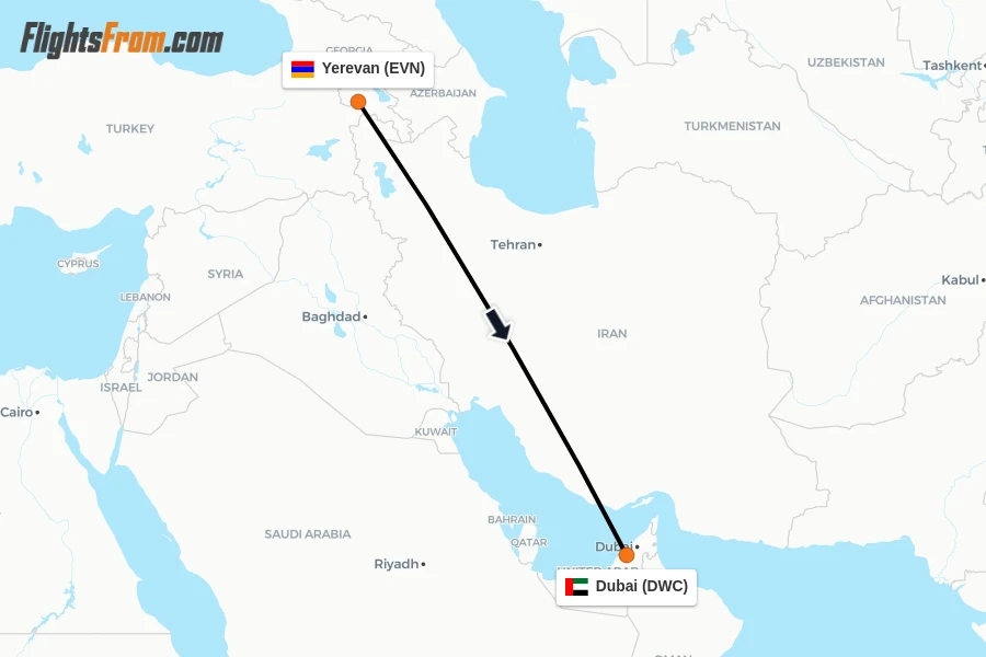 Flights from Yerevan to Dubai route map