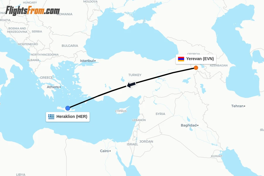 Flights from Yerevan to Heraklion route map