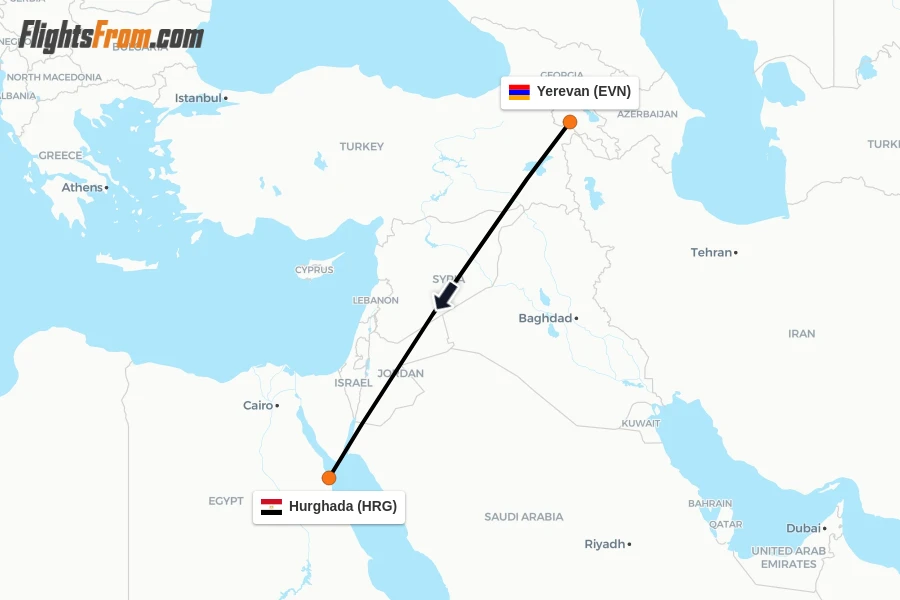 Flights from Yerevan to Hurghada route map