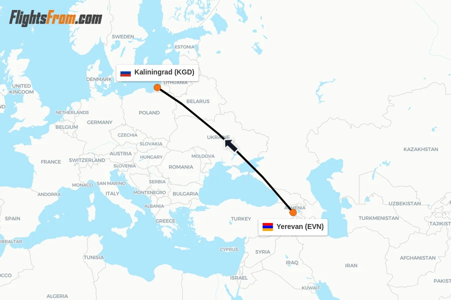Flights from Yerevan to Kaliningrad route map