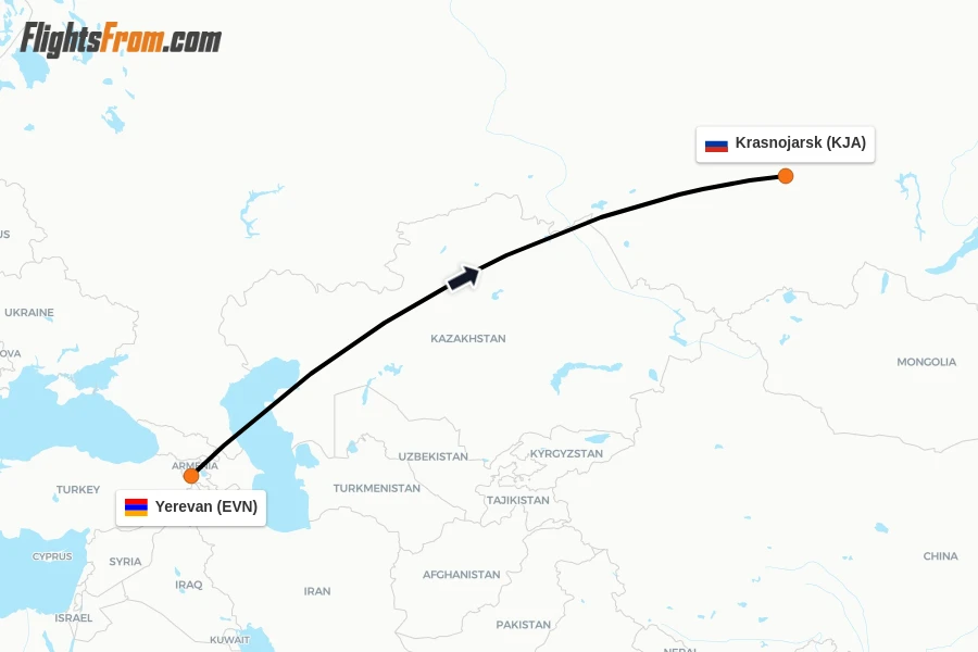 Flights from Yerevan to Krasnojarsk route map