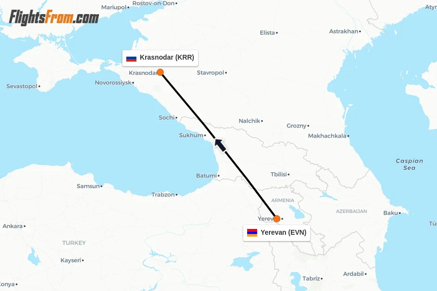 Flights from Yerevan to Krasnodar route map