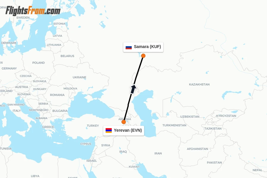 Flights from Yerevan to Samara route map