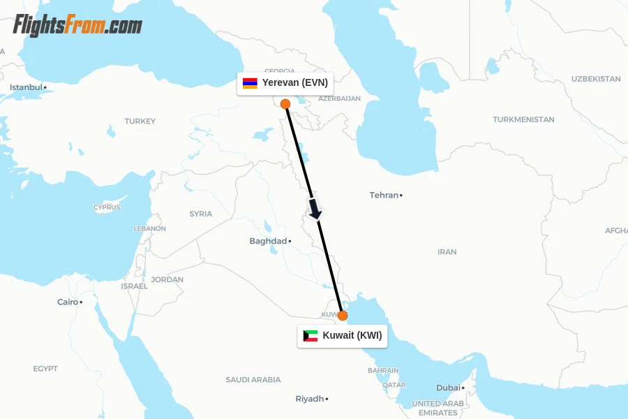 Flights from Yerevan to Kuwait route map