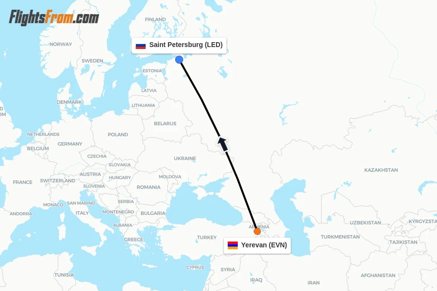Flights from Yerevan to Saint Petersburg route map
