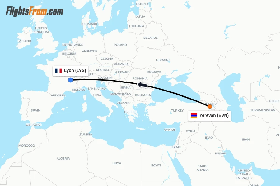 Flights from Yerevan to Lyon route map