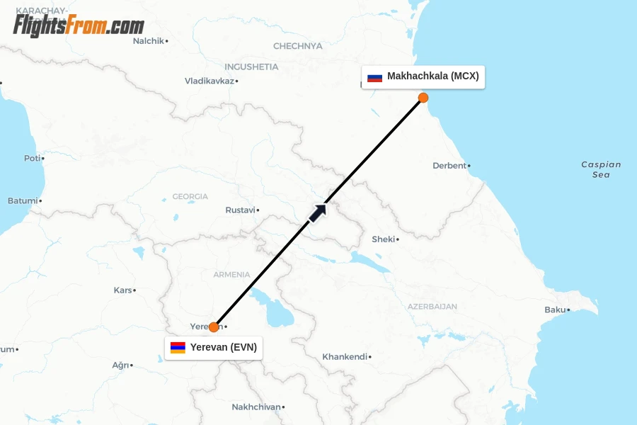 Flights from Yerevan to Makhachkala route map