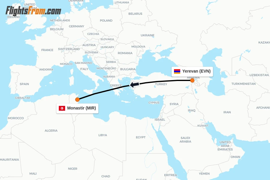 Flights from Yerevan to Monastir route map