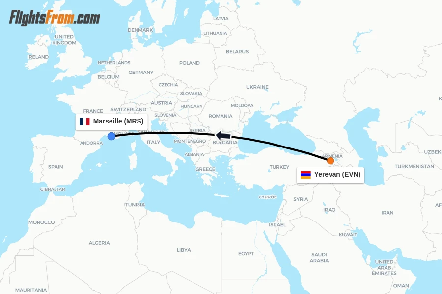 Flights from Yerevan to Marseille route map