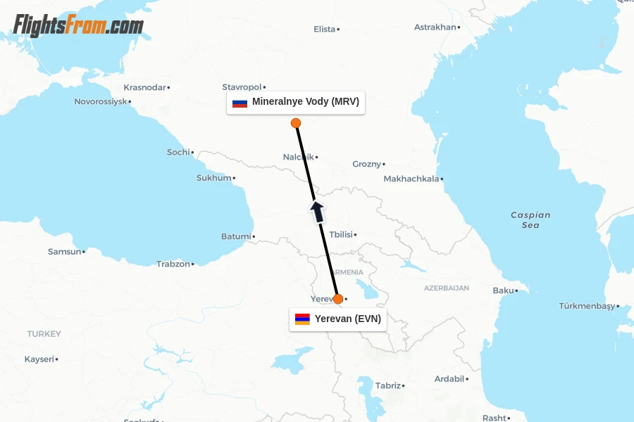 Flights from Yerevan to Mineralnye Vody route map