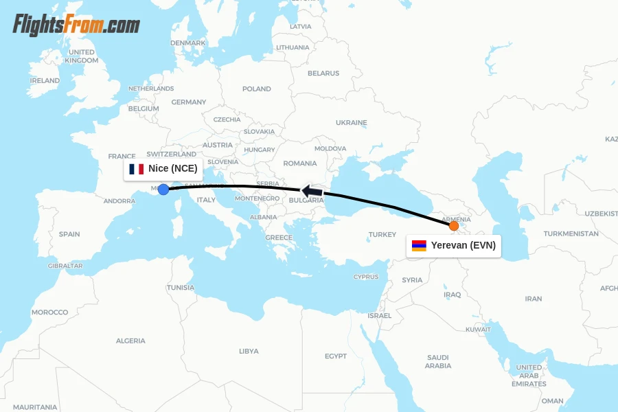 Flights from Yerevan to Nice route map