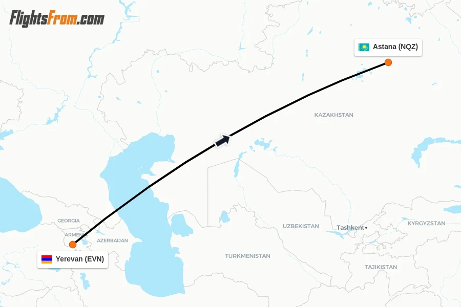 Flights from Yerevan to Astana route map