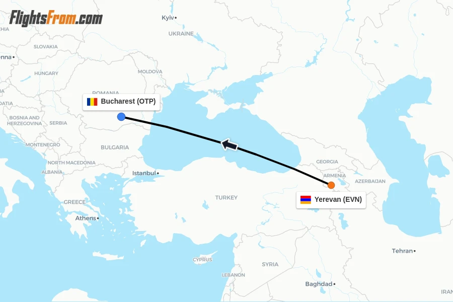 Flights from Yerevan to Bucharest route map