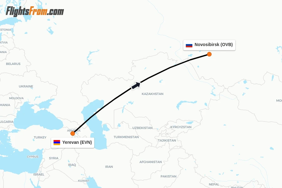 Flights from Yerevan to Novosibirsk route map