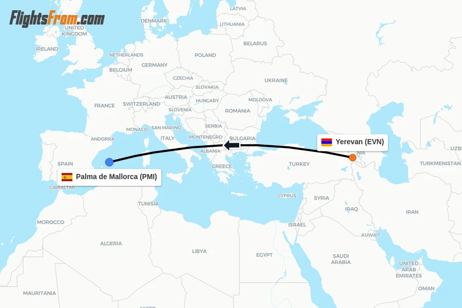 Flights from Yerevan to Palma de Mallorca route map
