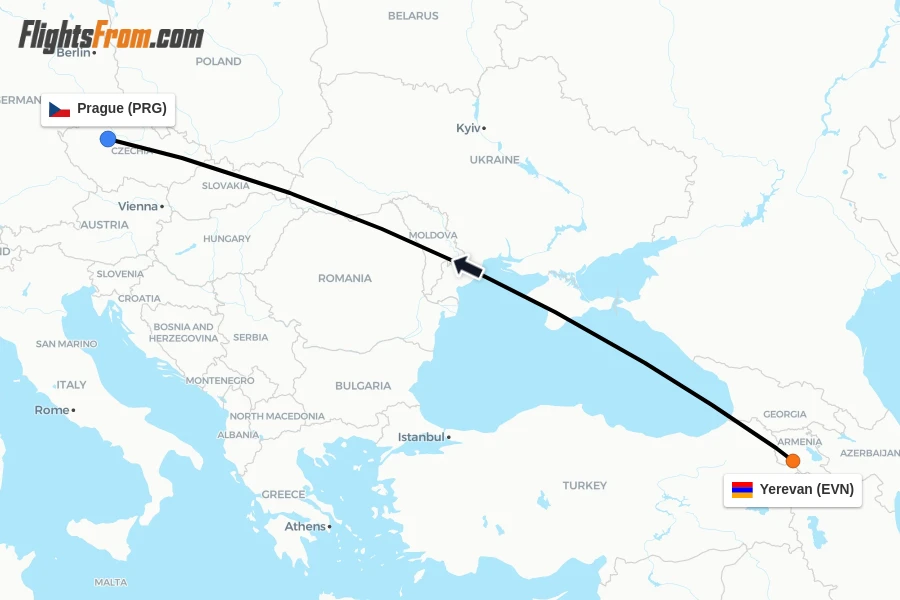 Flights from Yerevan to Prague route map