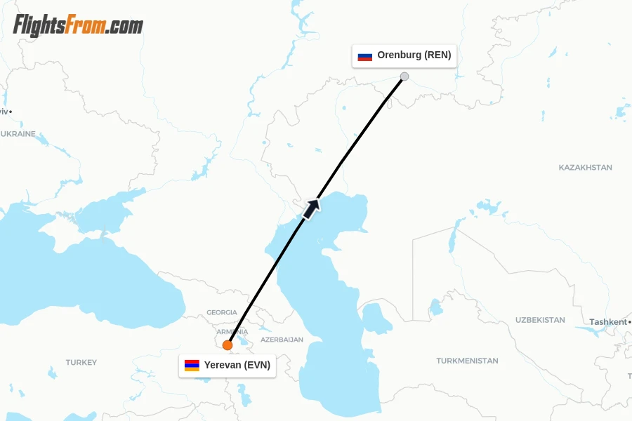 Flights from Yerevan to Orenburg route map