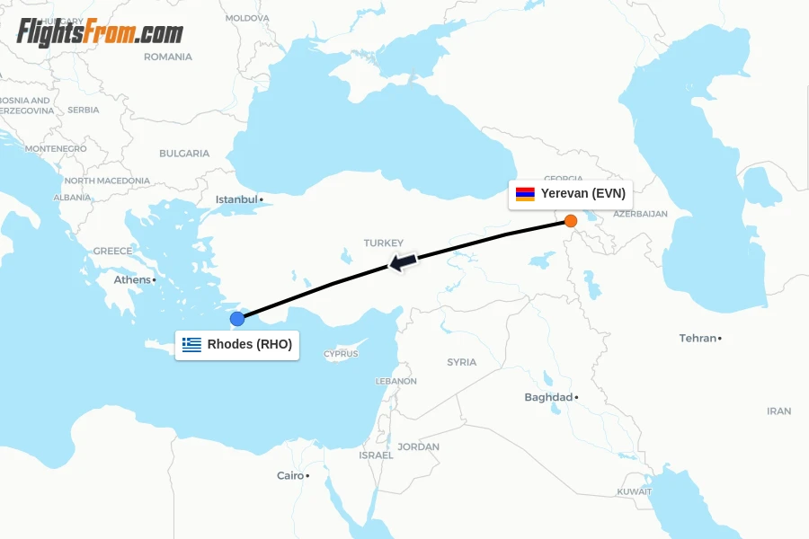 Flights from Yerevan to Rhodes route map