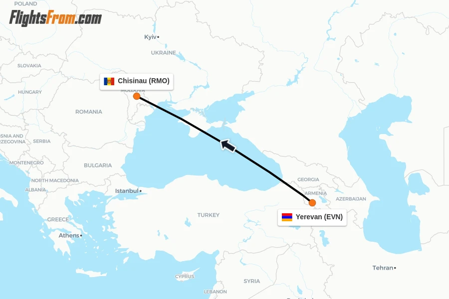 Flights from Yerevan to Chisinau route map