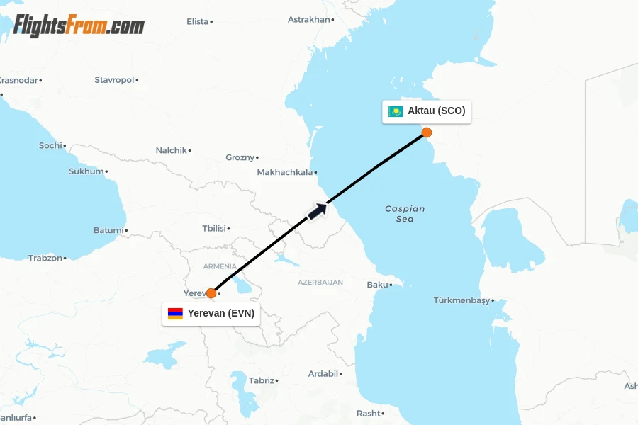 Flights from Yerevan to Aktau route map