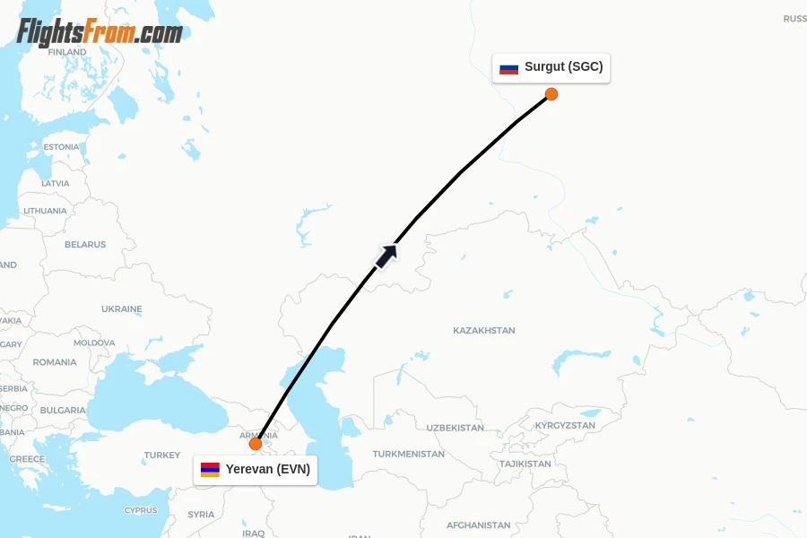 Flights from Yerevan to Surgut route map