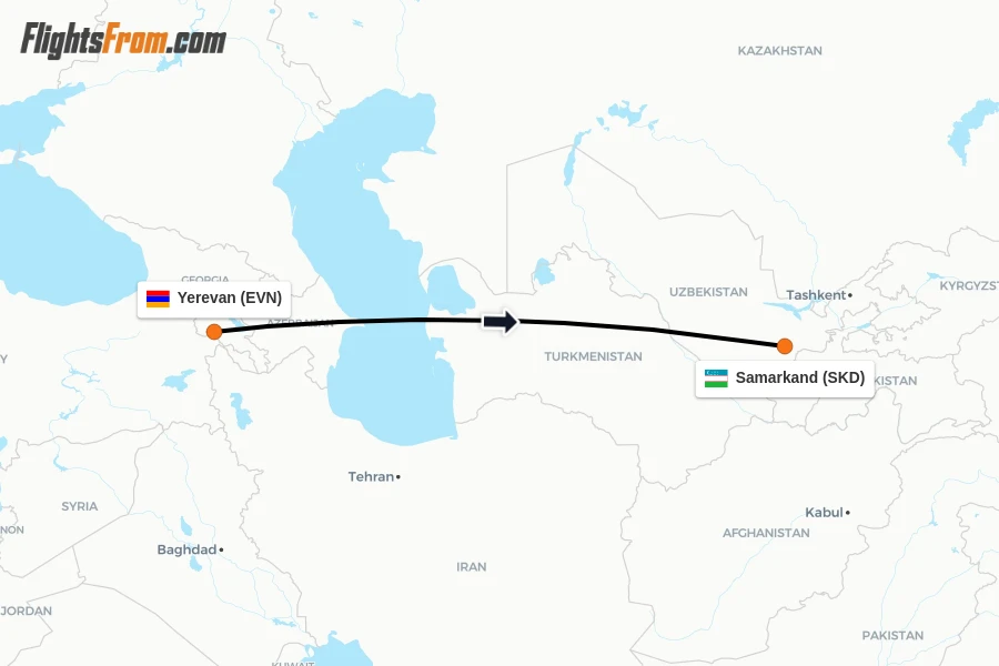 Flights from Yerevan to Samarkand route map
