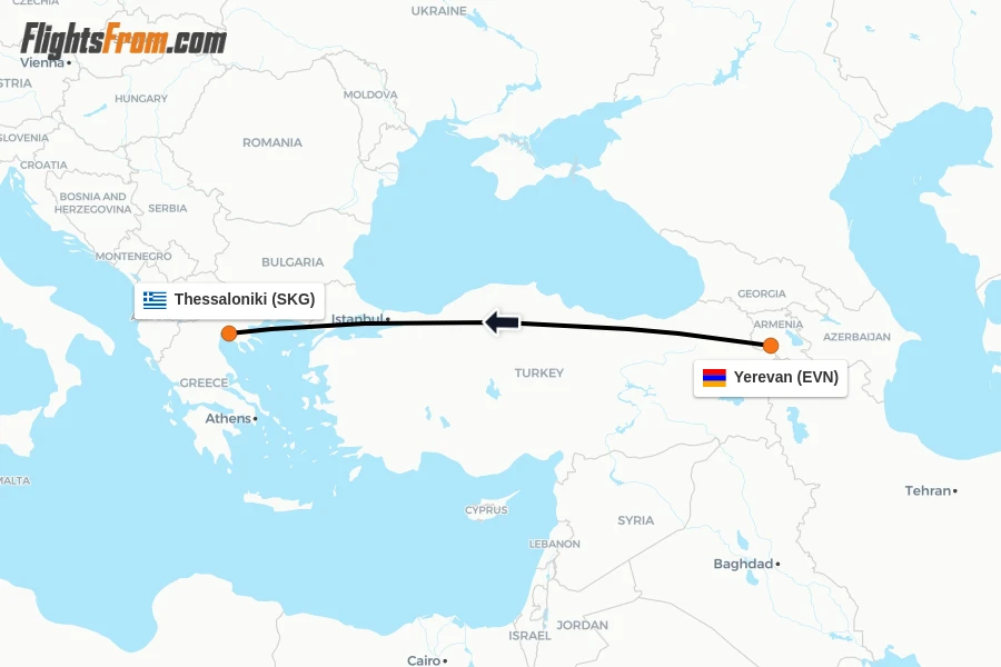Flights from Yerevan to Thessaloniki route map