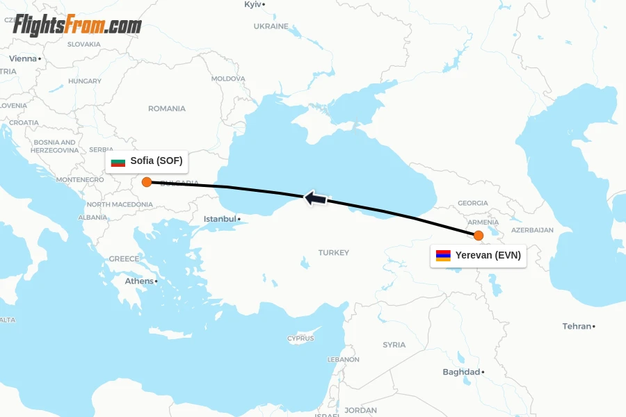Flights from Yerevan to Sofia route map