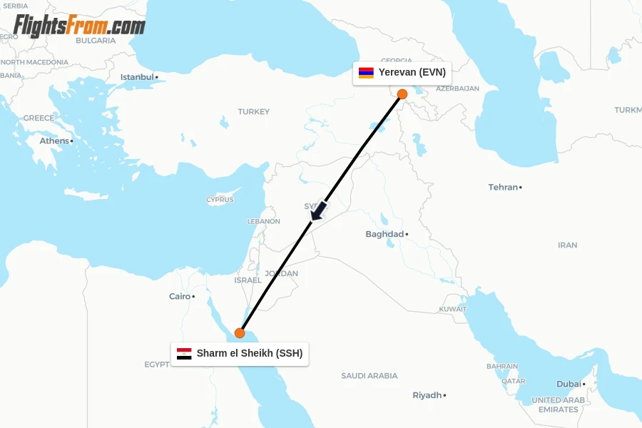 Flights from Yerevan to Sharm el Sheikh route map