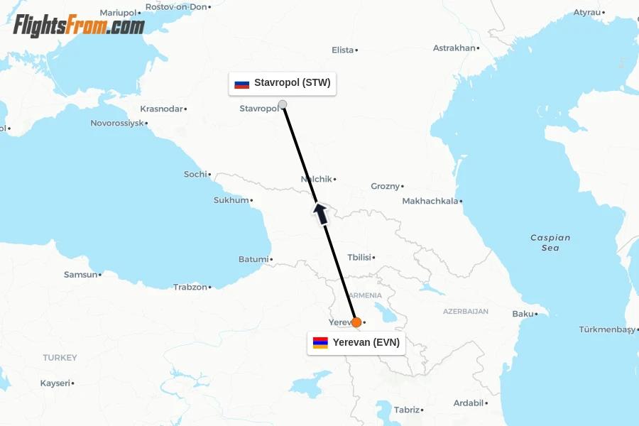 Flights from Yerevan to Stavropol route map